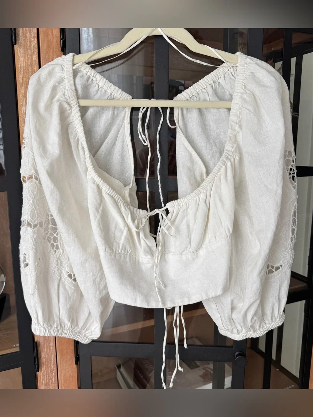 Zara embroidered eyelet crop top puff long sleeve tie front bow open back linen